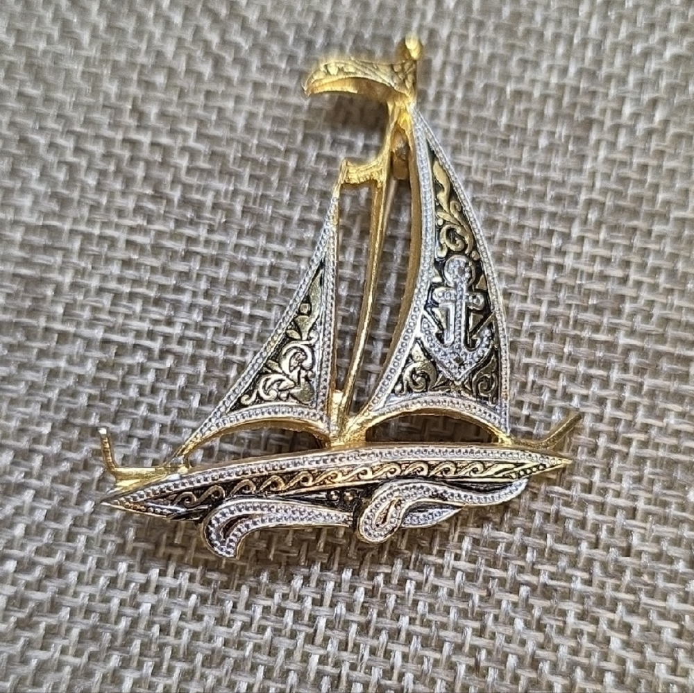 Vintage Unsigned Spanish Damascene Toledoware Sailboat Ship with Embossed Anchor